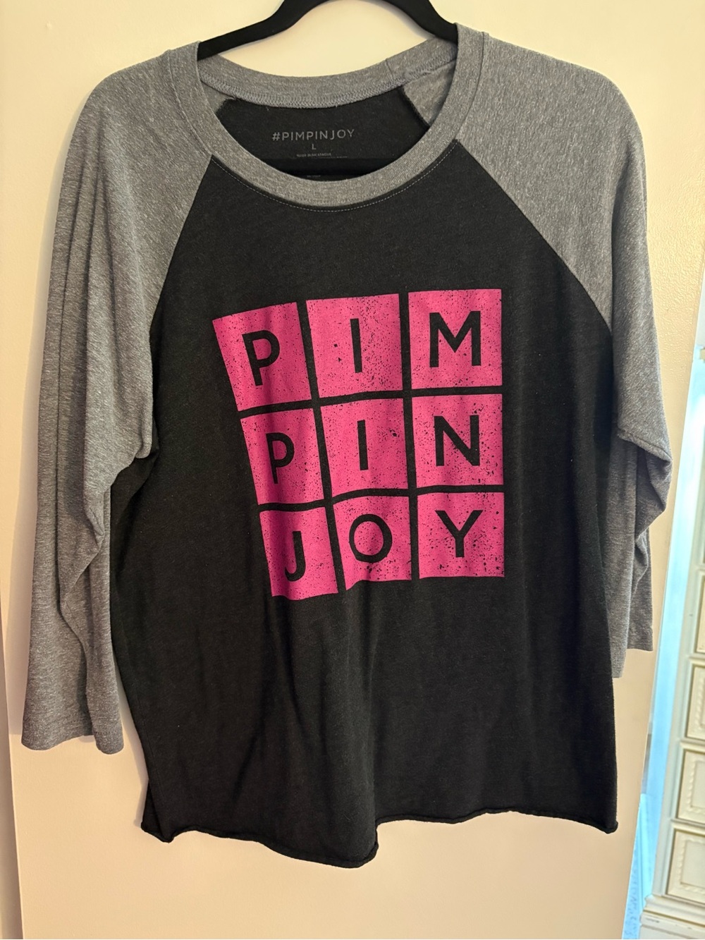 Women's Long Sleeve Raglan Tee - Black & Gray with Pink Logo